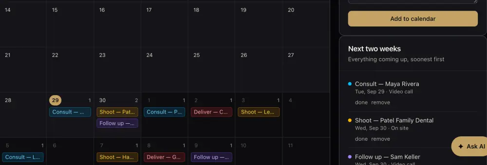 The Fynl Calendar: consults, shoots and deadlines on a month view with the next two weeks listed (demo data)