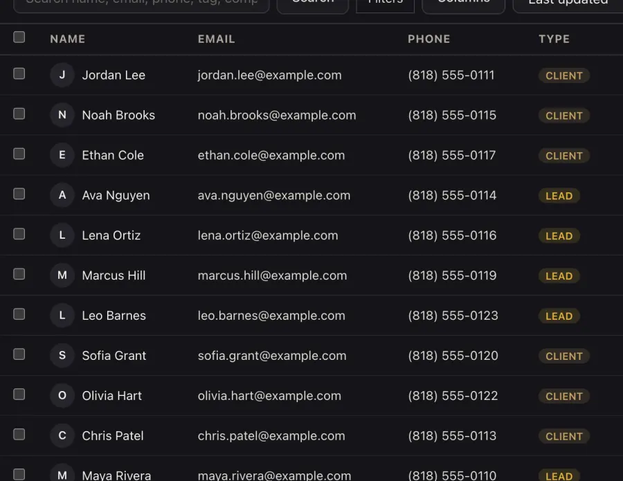 The Fynl Contacts screen: a list of contacts with email, phone, type and tags (demo data)