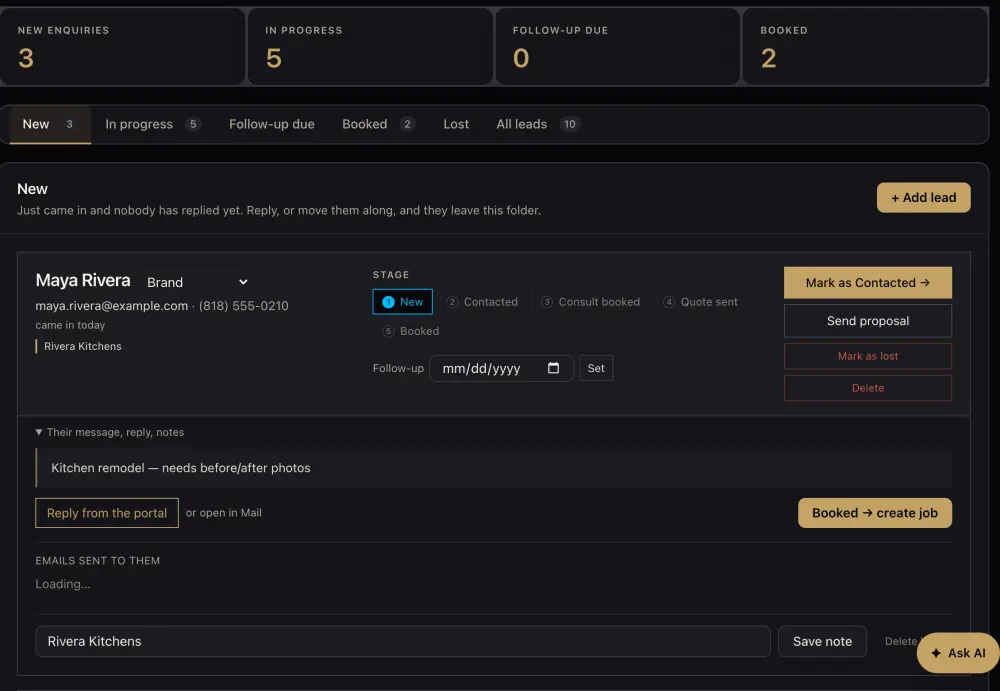After: one Fynl screen showing a new lead with its stage, follow-up and notes (demo data)