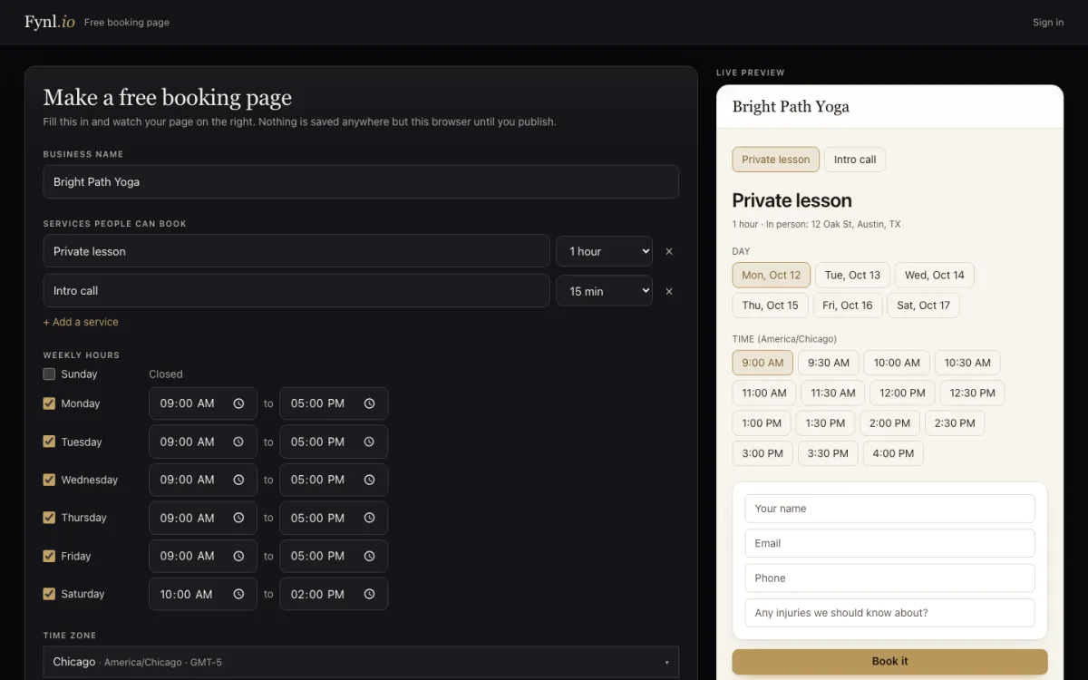 The free booking page builder: services, weekly hours and time zone on the left, a live preview of the booking page with days and times on the right